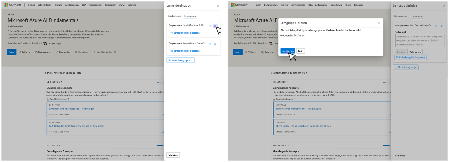 Screenshot des Löschens einer Lerngruppe über die Seite „Pläne verwalten“.
