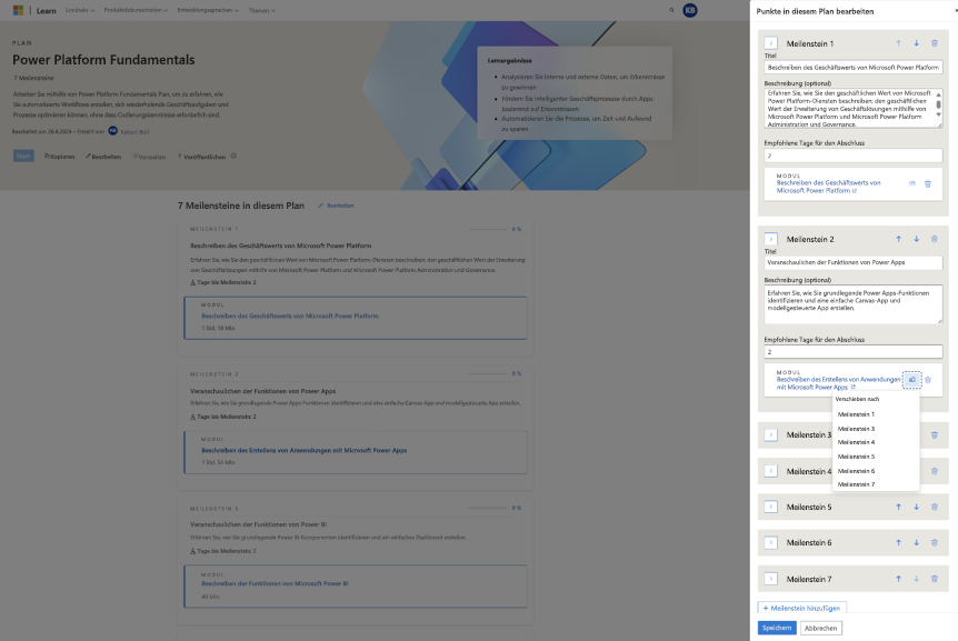 Screenshot der Verwaltung von Meilensteinen in einem Plan. Ein Blatt wird geöffnet, auf dem der Planersteller die Meilensteine und empfohlenen Tage bis zum Abschluss bearbeiten kann.