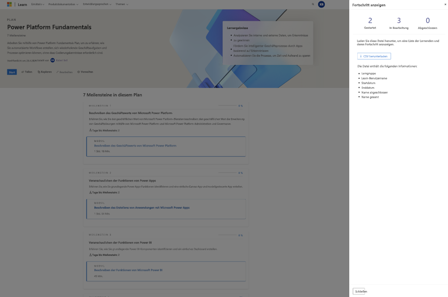 Screenshot der Ansicht des Lernfortschritts über die Seite „Pläne verwalten“.