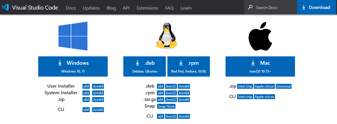 Screenshot der Visual Studio Code-Website mit Downloads, die unter Linux, macOS und Windows verfügbar sind.