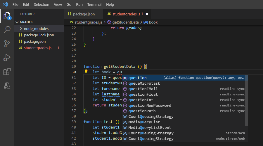 Screenshot der Visual Studio Code-Schnittstelle mit Codesyntaxfarbe, Klammernvergleich und IntelliSense.