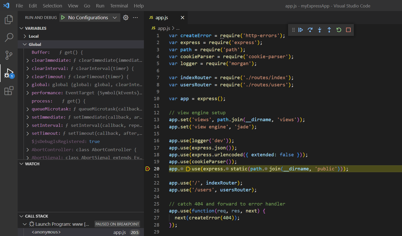 Screenshot von Visual Studio Code im Debugmodus mit sichtbarer Debugsymbolleiste.