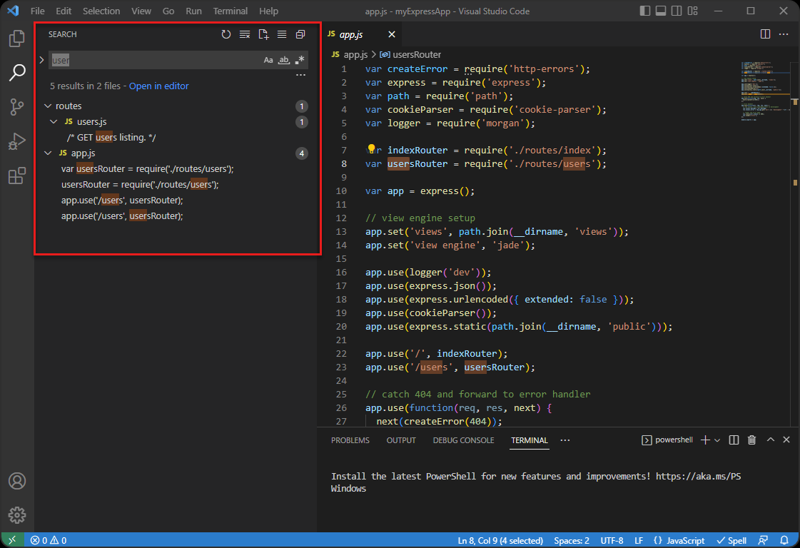 Screenshot von Visual Studio Code mit Der Suchansicht, die in der Randleiste angezeigt wird.