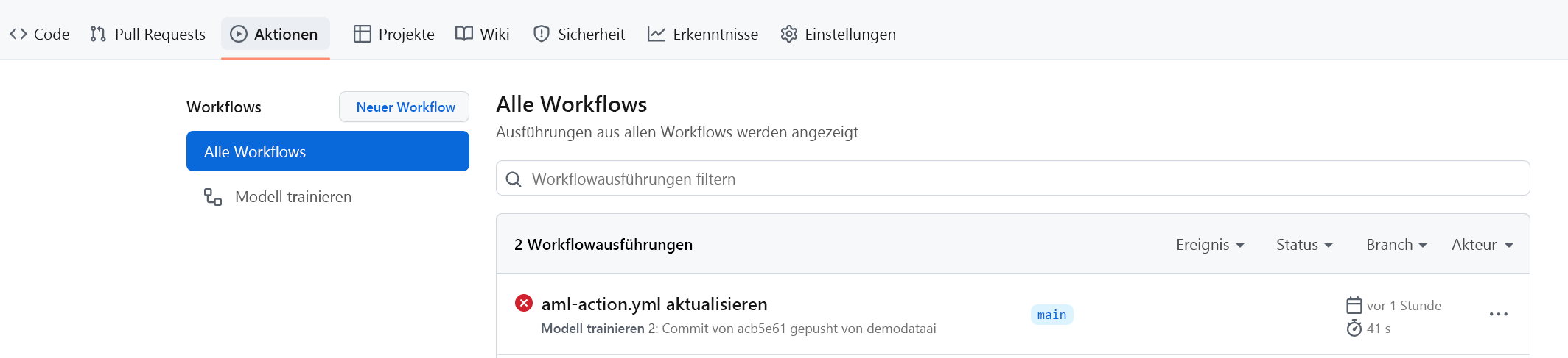 Screenshot der Übersicht mit GitHub Actions.