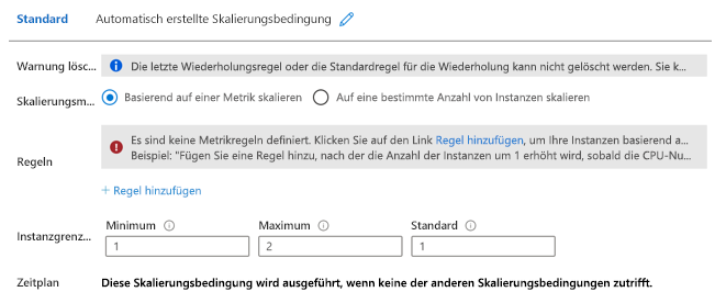 Screenshot: Erstellen einer Autoskalierungsbedingung im Azure-Portal, einschließlich Einstellungen für den Skalierungsmodus und die Anzahl der Instanzen