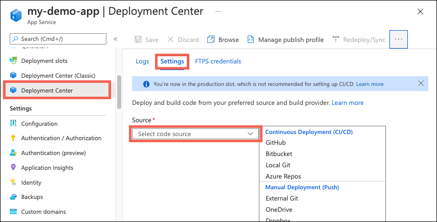 Screenshot der Einstellungsoptionen für das Deployment Center.