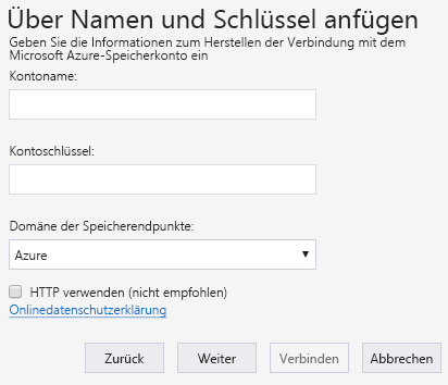 Screenshot des Azure Storage-Explorer-Assistenten zum Herstellen einer Verbindung mit einem externen Speicherkonto