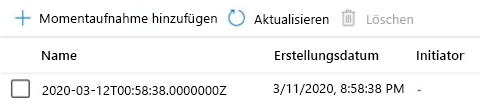 Screenshot einer Momentaufnahme für die Dateifreigabe, die den Momentaufnahmenamen und das Datum anzeigt, an dem sie erstellt wurde.