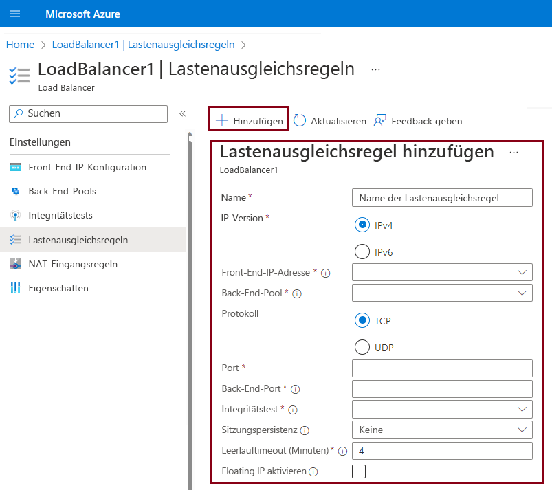 Screenshot that shows how to create load-balancing rules in the Azure portal.