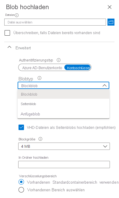 Screenshot: Seite „Blob hochladen“ mit den Optionen „Authentifizierungstyp“, „Blobtypen“ und „Blockgröße“.