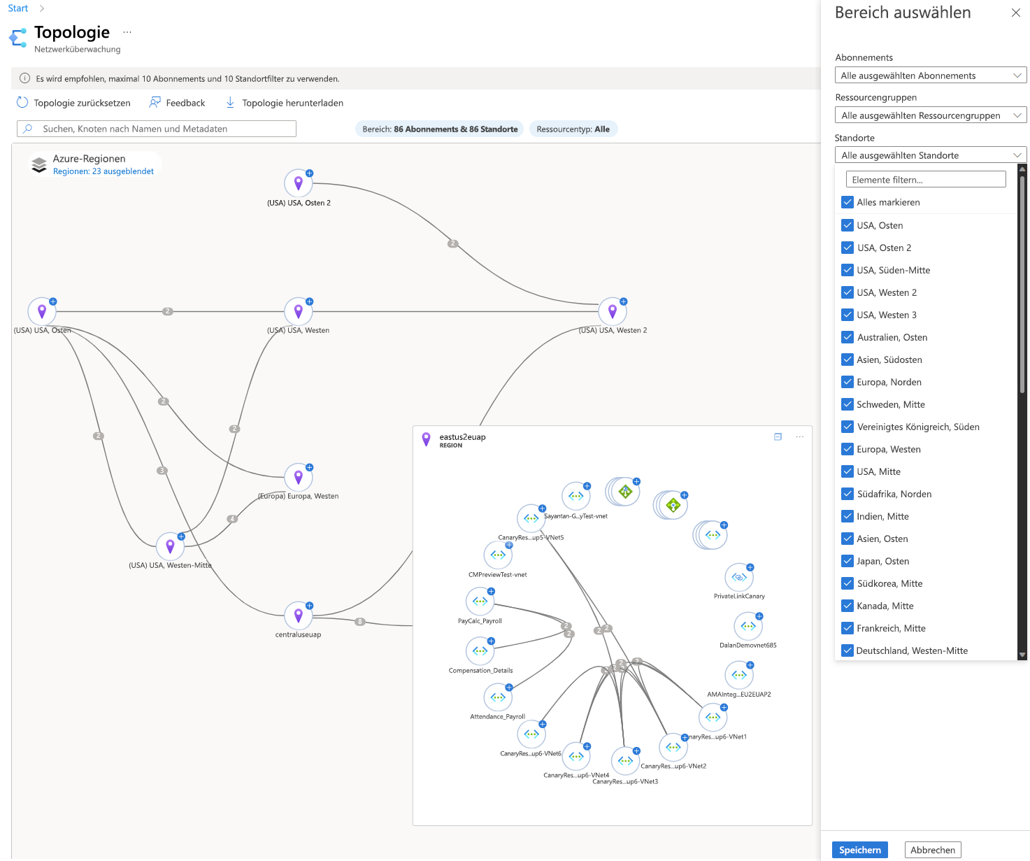 Screenshot der Topologieansicht von Azure Network für ein Netzwerk und seine Konfiguration.