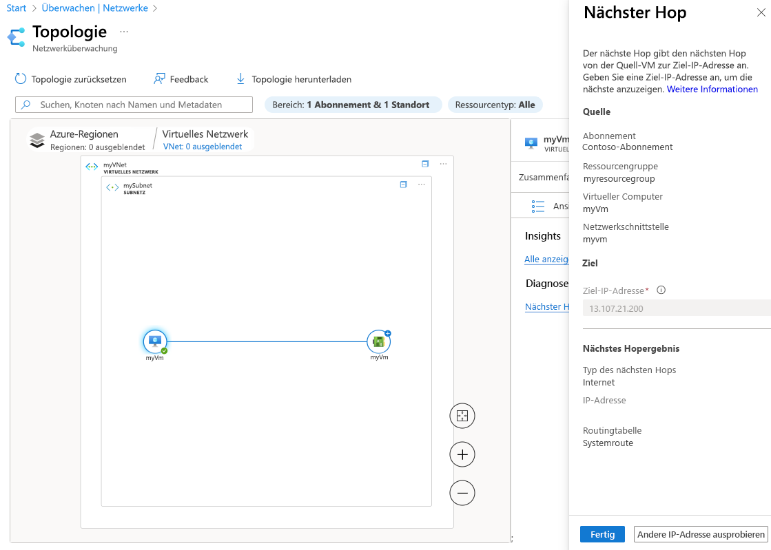 Screenshot der Details zum nächsten Hop in der Topologie mit dem Typ „Nächster Hop“ und „Routingtabelle“, die zum Weiterleiten des Datenverkehrs von der VM verwendet wird.