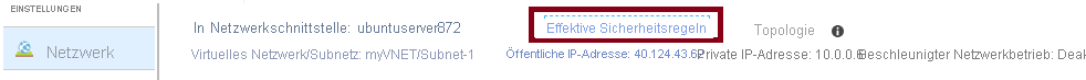 Screenshot: Seite „Netzwerk“ im Azure-Portal. Der Link „Effektive Sicherheitsregeln“ ist hervorgehoben.