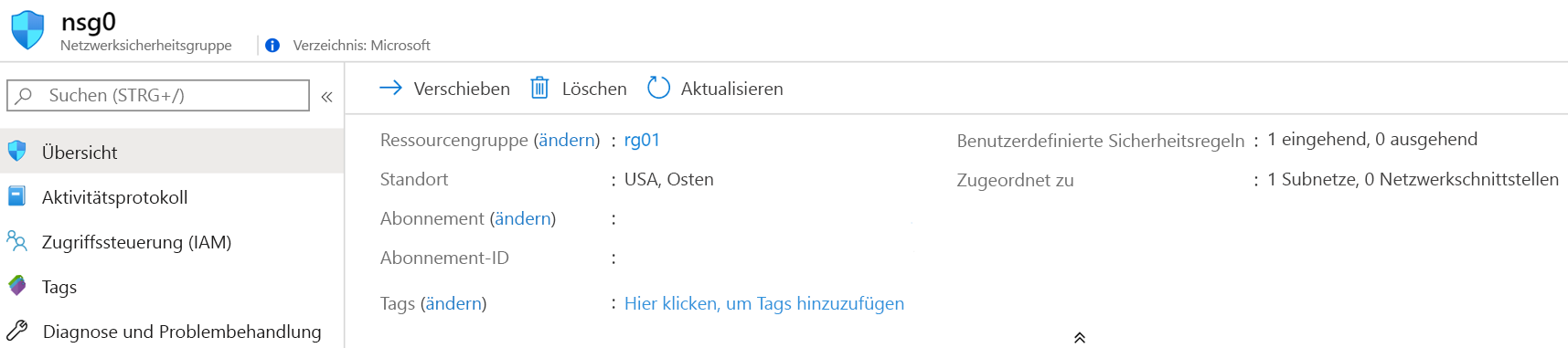 Screenshot: Details zu einer Netzwerksicherheitsgruppe für einen virtuellen Computer im Azure-Portal