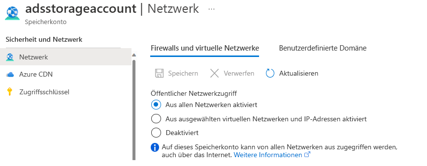 Screenshot der Einstellungen für Speicherkontofirewalls und virtuelle Netzwerke im Azure-Portal.