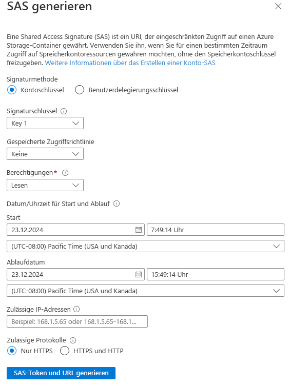 Screenshot of the Create a shared access signature key page.