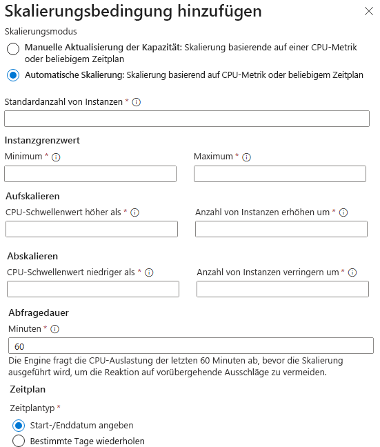 Screenshot der Einstellungen zum Konfigurieren von VM-Instanzen und der automatischen Skalierung im Azure-Portal