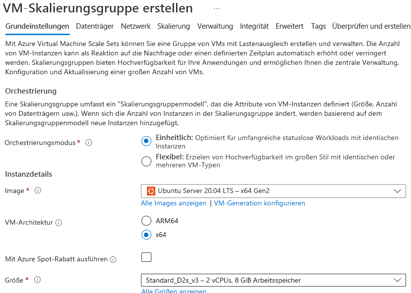 Screenshot der Erstellung von VM-Skalierungsgruppen im Azure-Portal