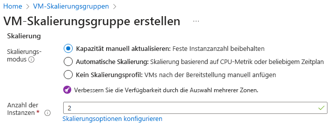 Screenshot der Einstellungen für die Auswahl einer Skalierungsmethode im Azure-Portal.