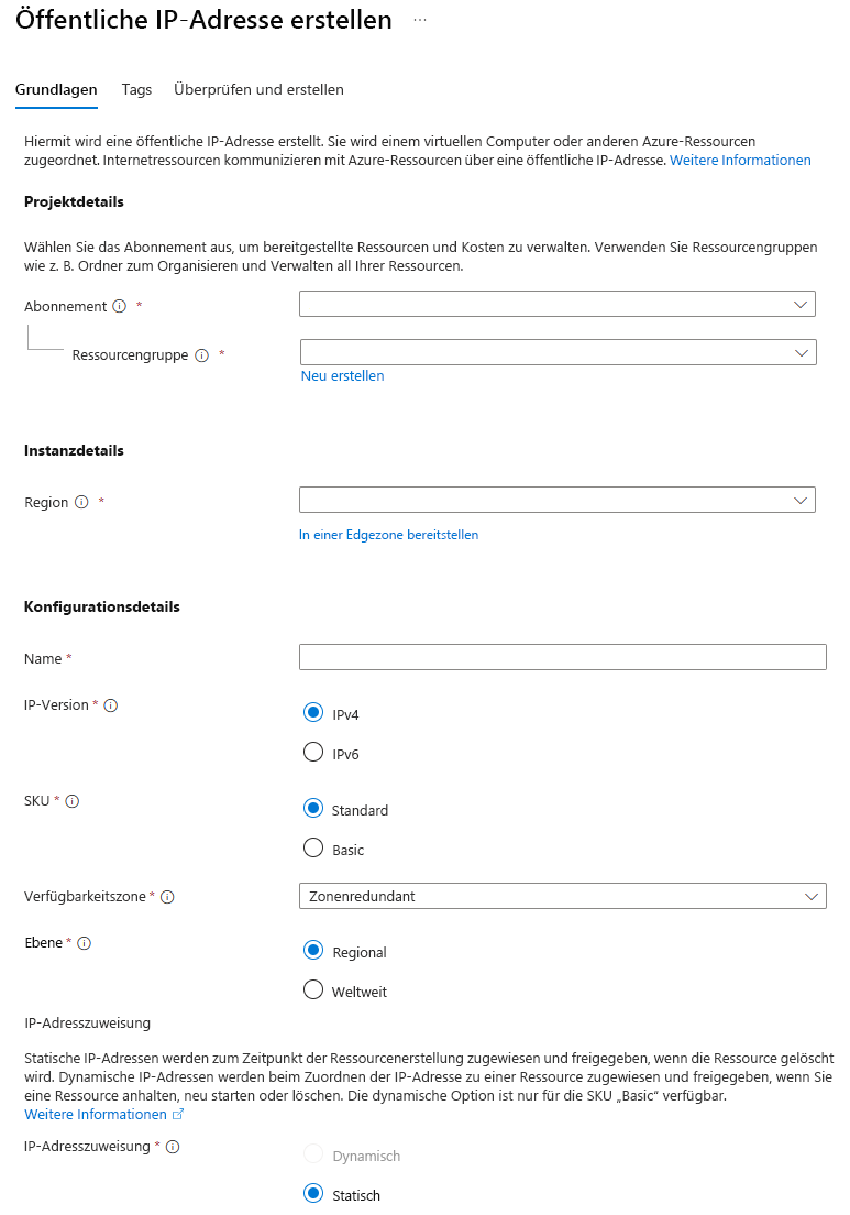 Screenshot that shows how to create a public IP address in the Azure portal.