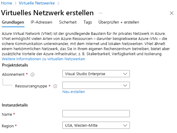 Screenshot that shows how to create a virtual network in the Azure portal.