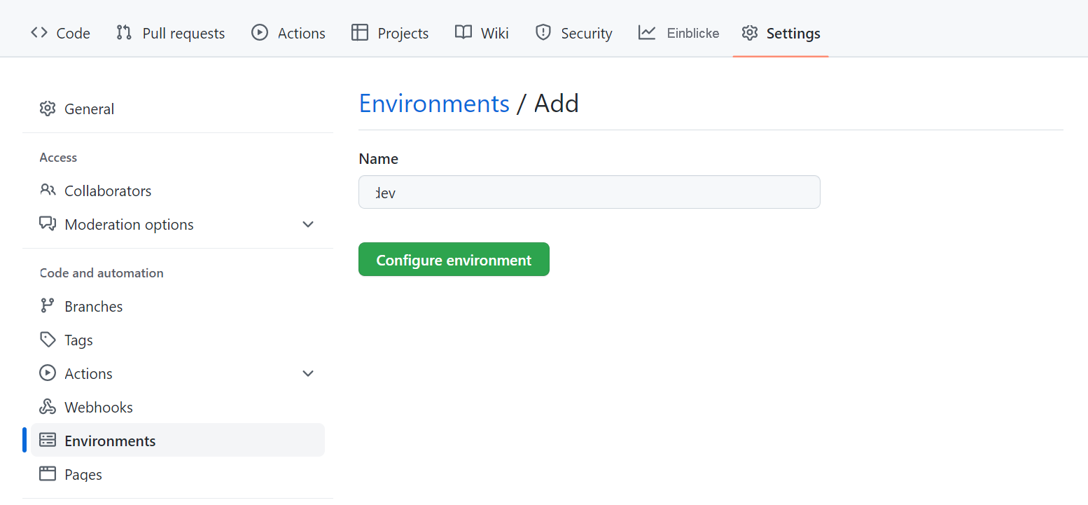 Screenshot: Erstellen einer neuen Umgebung in GitHub