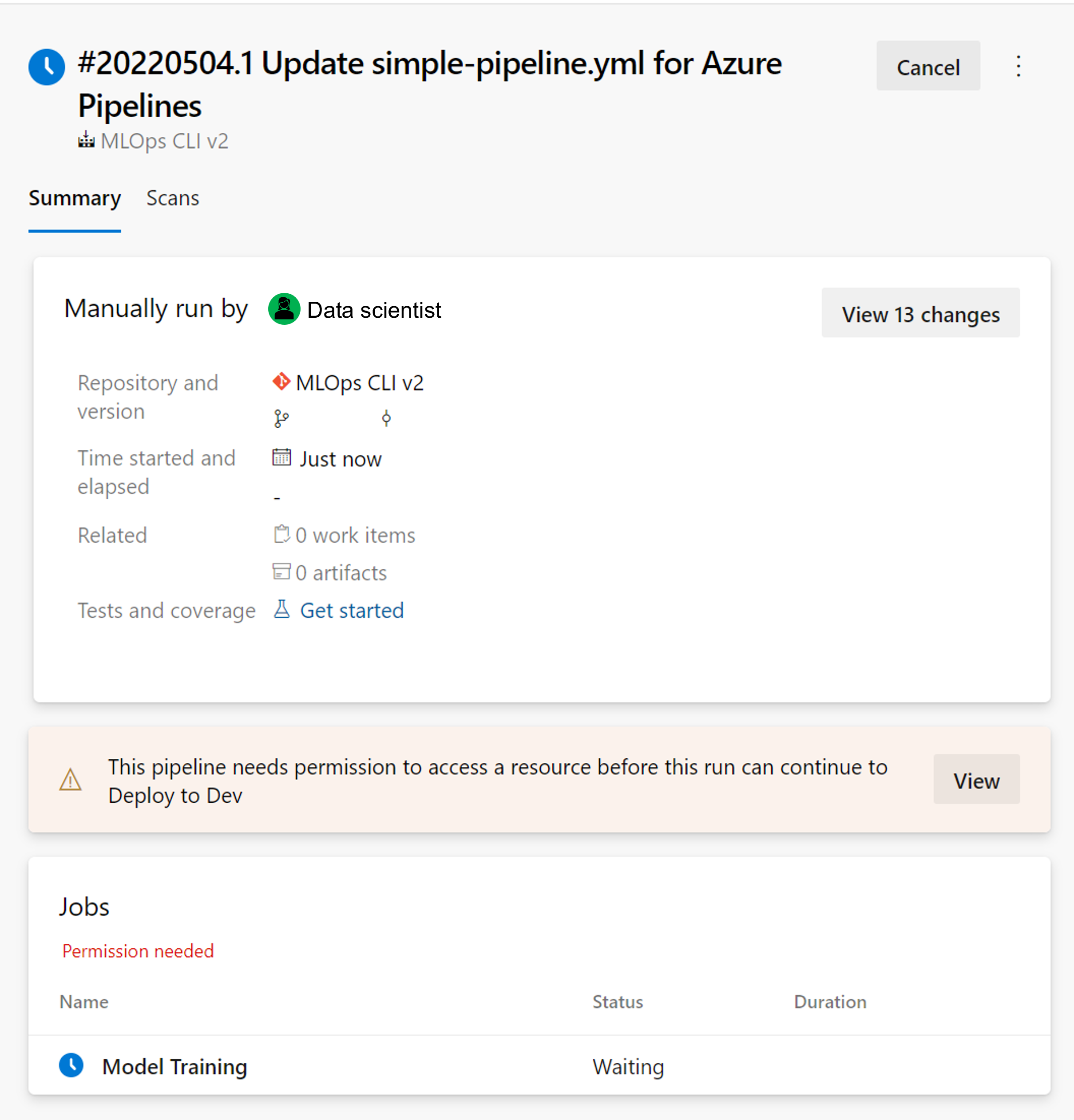 Screenshot: Angeforderte Genehmigung in Azure Pipelines