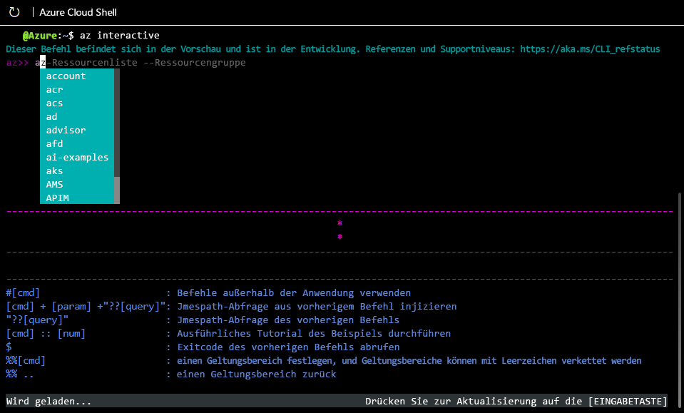 Screenshot der interaktiven Modus mit automatischer Vervollständigung für Befehle, die mit „A“ beginnen