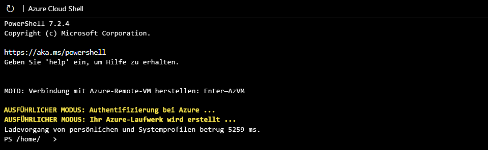 Screenshot der CLI von Azure PowerShell beim ersten Start