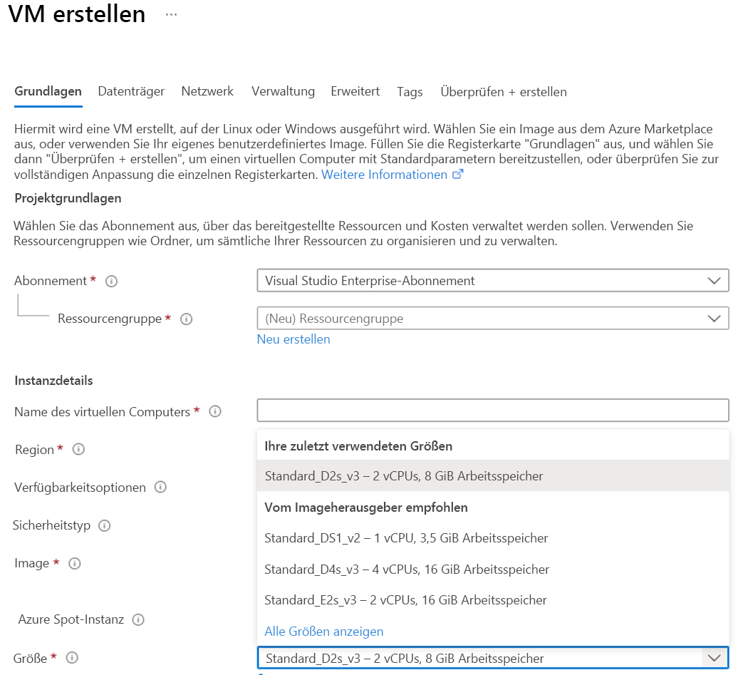 Screenshot of Azure virtual machine settings showing the virtual machine size options.