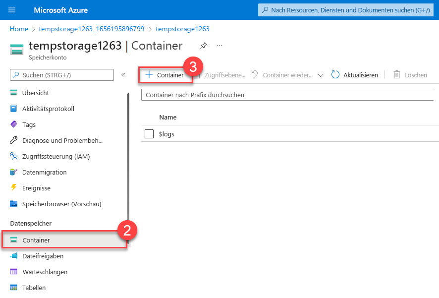 Screenshot: Hervorhebung des Vorgangs zum Hinzufügen eines Containers in dieser Aufgabe