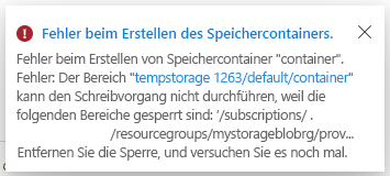 Screenshot: Fehlermeldung „Fehler beim Erstellen des Speichercontainers“