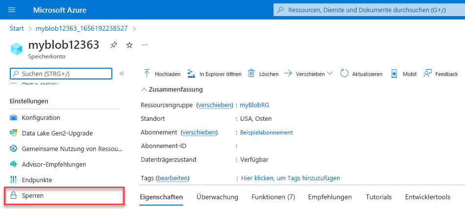 Screenshot der Ressourcensperrensteuerung für ein Speicherkonto unter „Einstellungen“