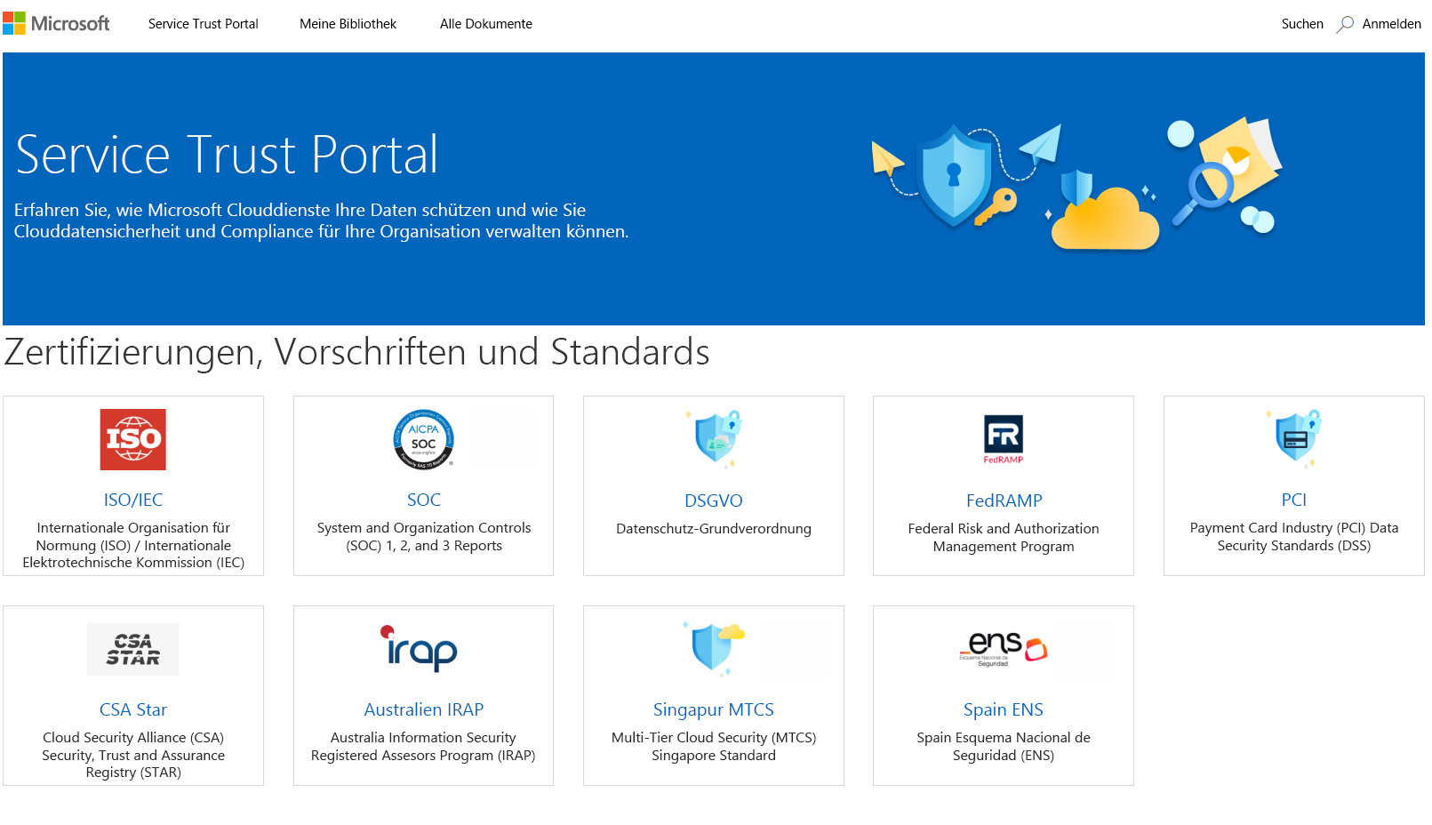 Screenshot: Service Trust Portal mit den wichtigsten Menüelementen