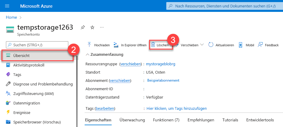 Screenshot: Vorgang zum Löschen eines Speicherkontos