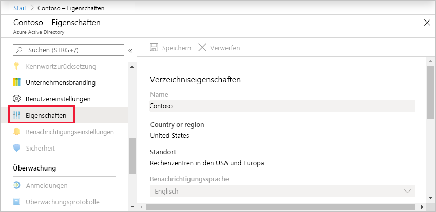 Wählen Sie „Eigenschaften“ für Microsoft Entra-Eigenschaften aus.