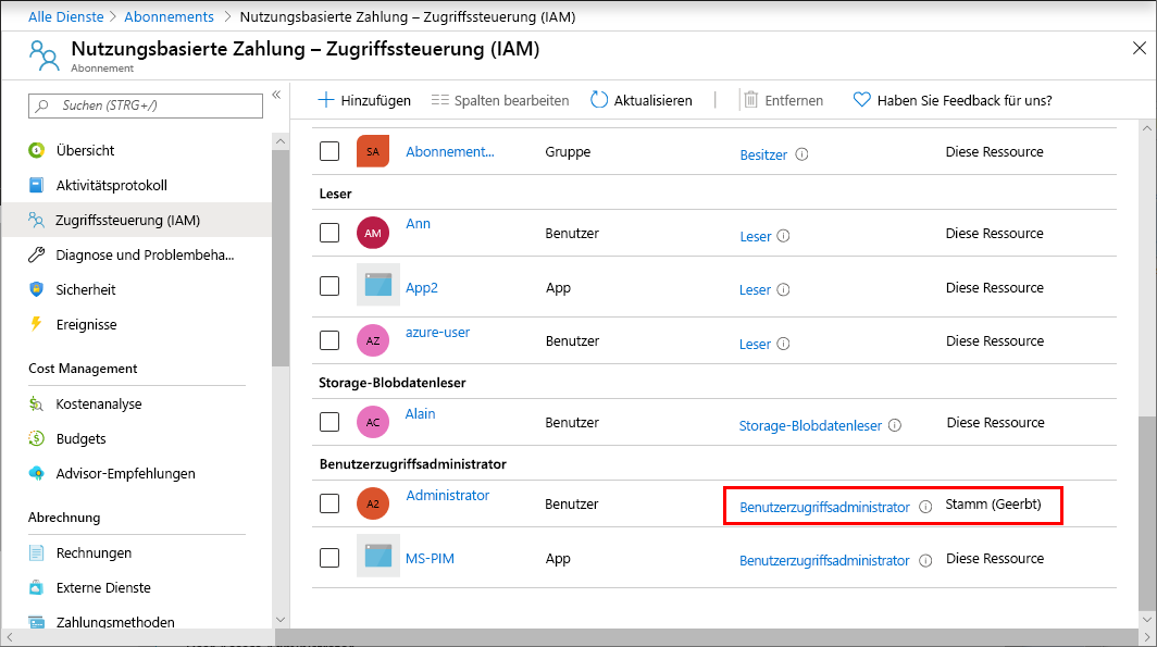 Abonnementrolleszuweisungen mit Stammbereich.