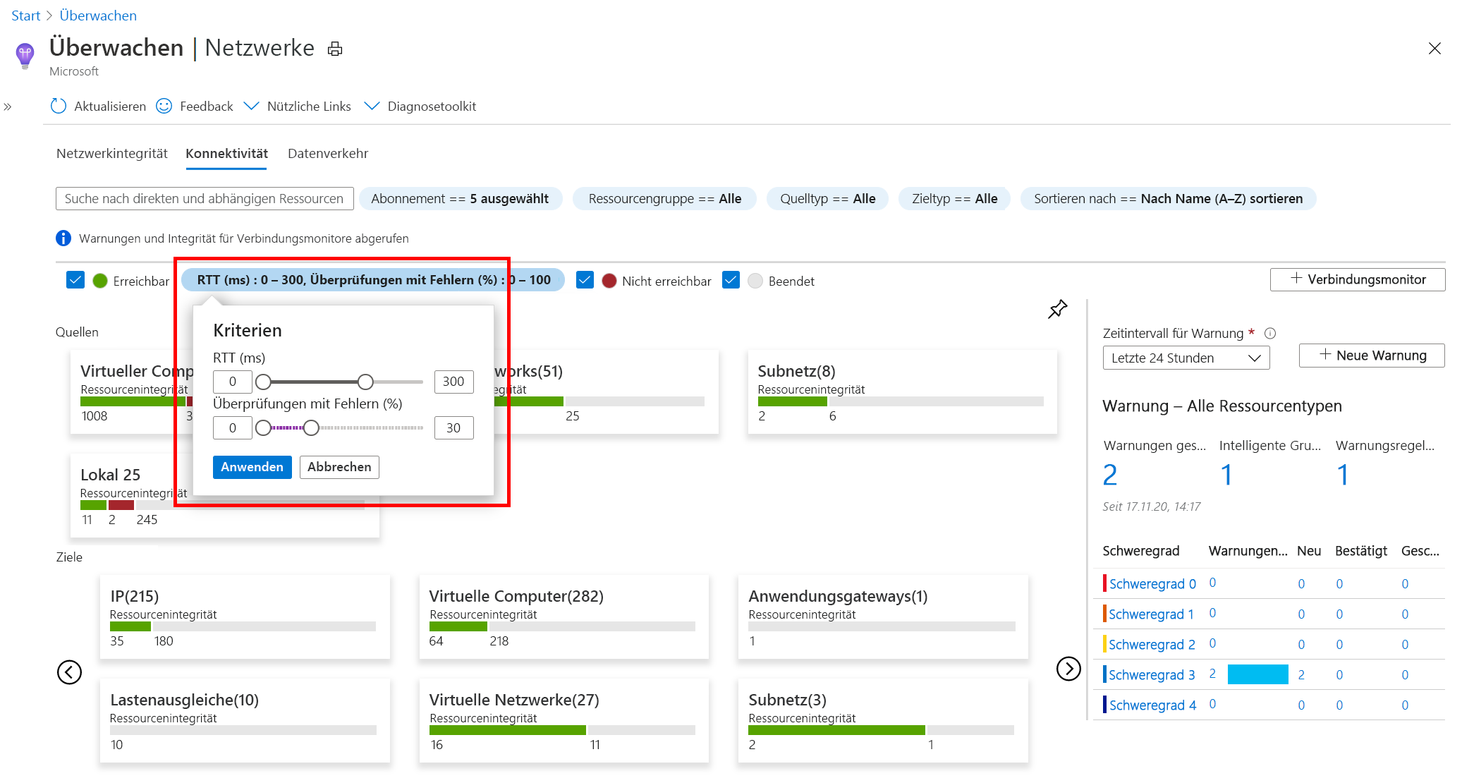 Azure Monitor Network Insights – Registerkarte „Konnektivität“ – Detailansicht „Kriterien“