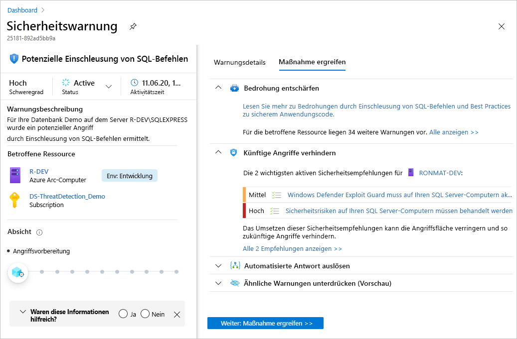 Screenshot mit der vollständigen Detailansicht einer Sicherheitswarnung und des Aktionsbereichs „Ausführen“.