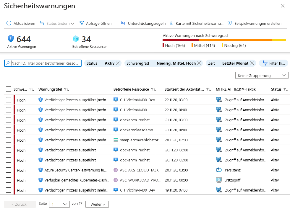 Screenshot der Liste „Aktive Sicherheitswarnungen“.