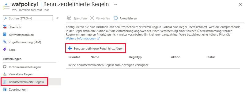 Screenshot der benutzerdefinierten Regeln für WAF-Richtlinien.