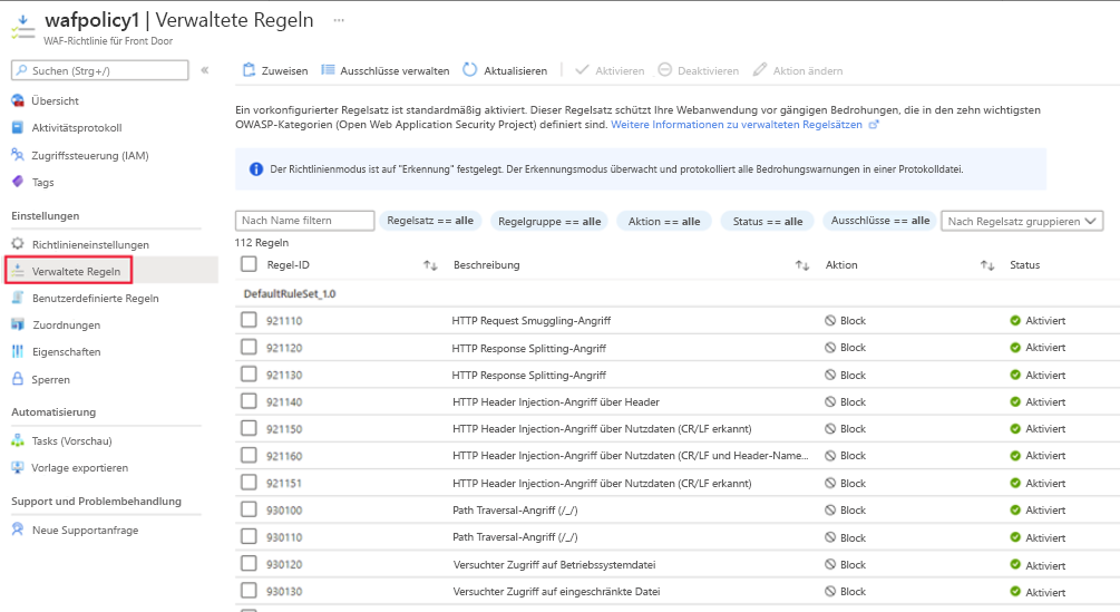 Screenshot der verwalteten Regeln für WAF-Richtlinien.