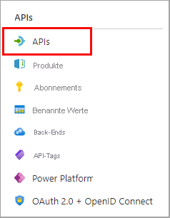 Auswählen von „APIs“ im Navigationsbereich des Diensts.