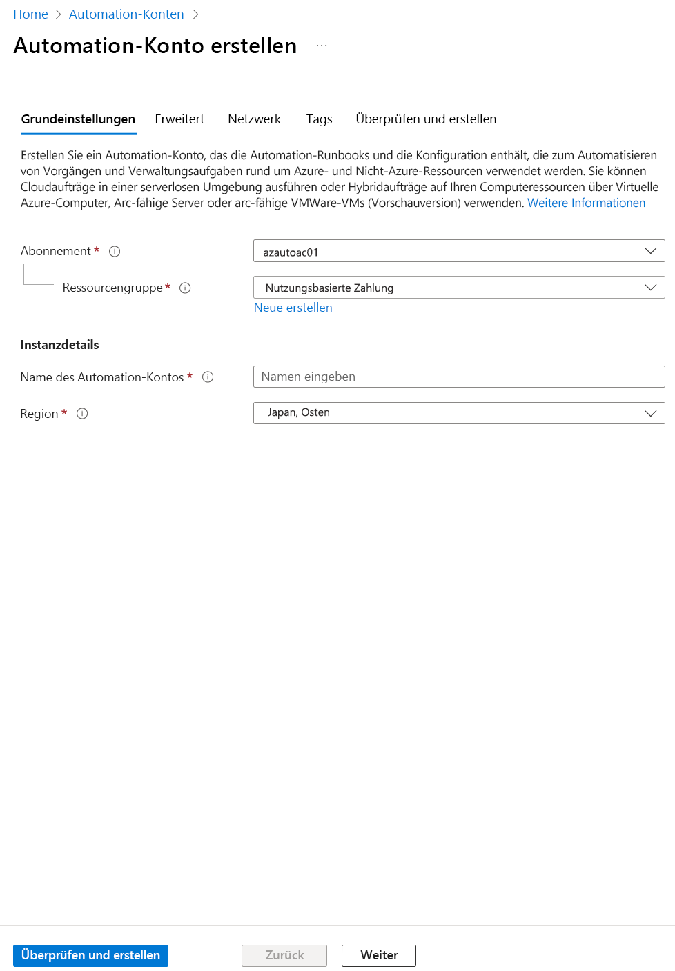 Screenshot: Blatt „Automation-Konto hinzufügen“ mit hervorgehobener Schaltfläche „Ja“ zum Erstellen eines Azure Automation-Kontos.