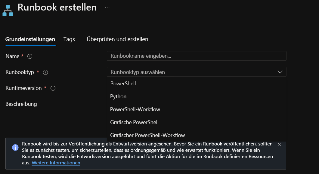 Screenshot of the Add Runbook window. In the left pane, Quick Create, create a new runbook is selected. In the right pane, the runbook type dropdown menu displays options such as PowerShell, Python 2, Graphical, and Other. Under Other is PowerShell Workflow, and Graphical PowerShell workflow.