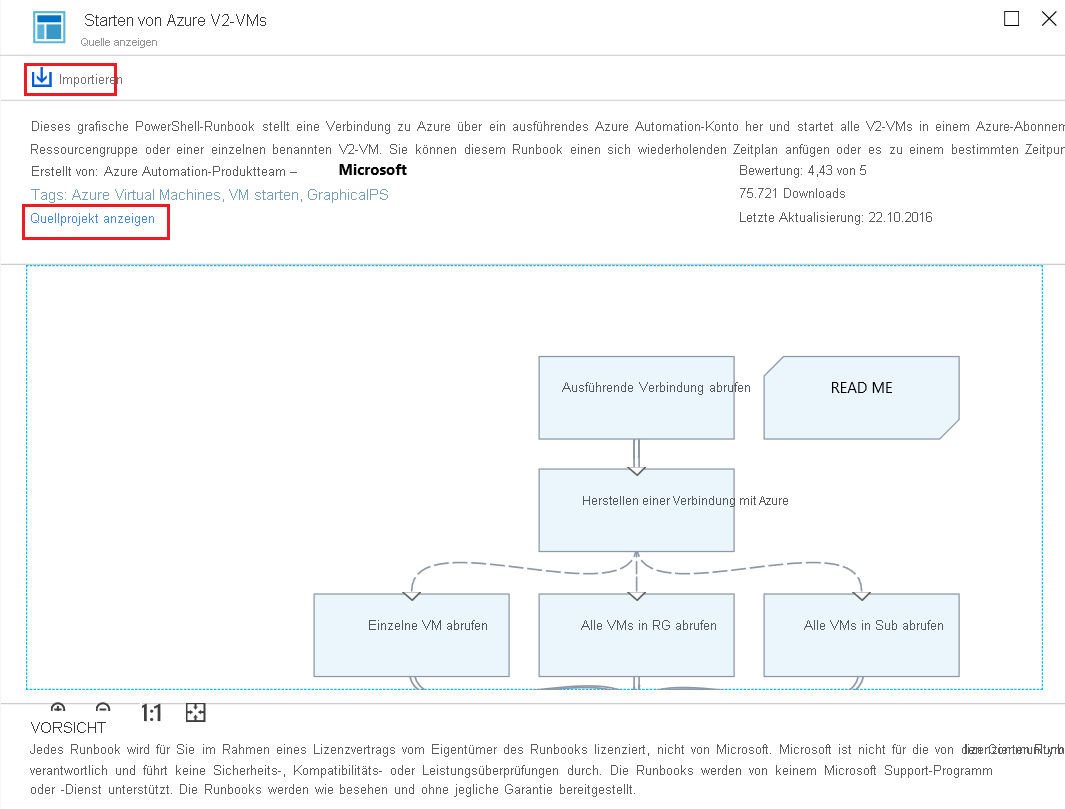 Screenshot des Runbooks „Azure V2-VMs starten“ im Runbookkatalog in Azure Automation. Die Optionen „Importieren“ und „Quellprojekt anzeigen“ sind hervorgehoben. Außerdem wird ein grafisches Diagramm des Runbooks angezeigt.