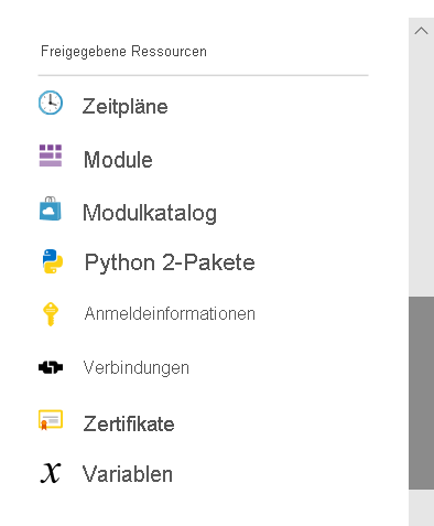 Screenshot of the shared resources section in the Azure Automation account pane. Eight shared resources display, Schedules, Modules, Modules gallery, Python 2 packages, Credentials, Connections, Certificates, and Variables.