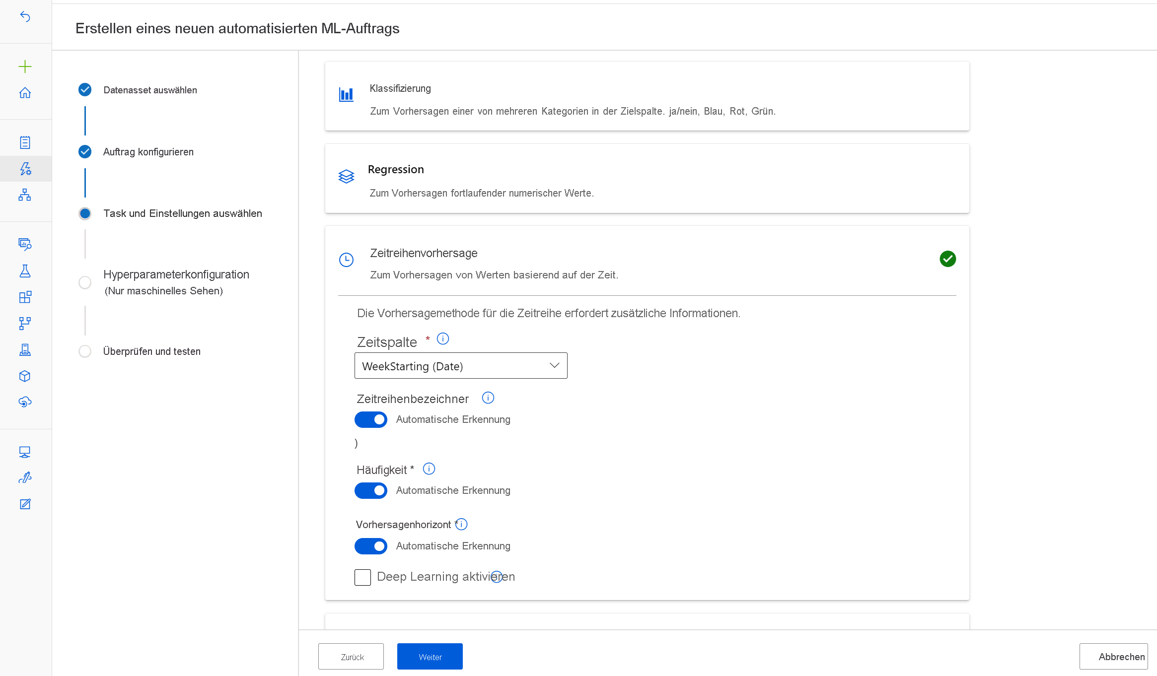 Screenshot einer Aufgabenauswahl beim Konfigurieren von automatisiertem maschinellem Lernen.