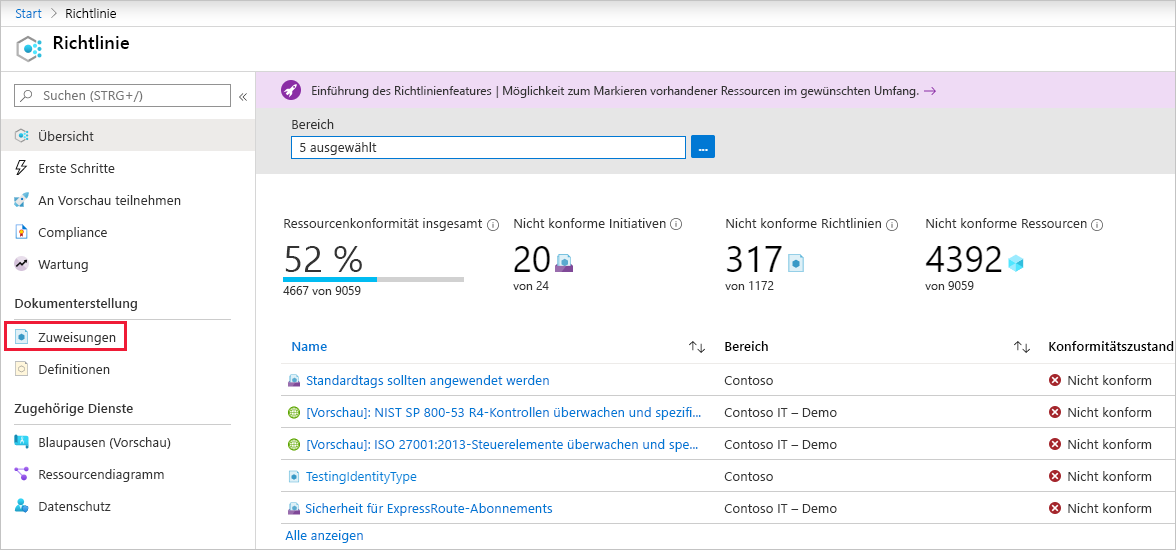 Screenshot, der zeigt, wie Zuweisungen auf der Seite Azure Policy konfiguriert werden.