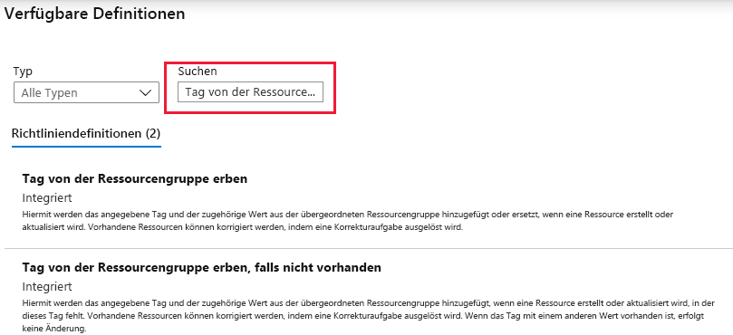 Screenshot, der zeigt, wie verfügbare Azure-Richtliniendefinitionstypen angezeigt werden.